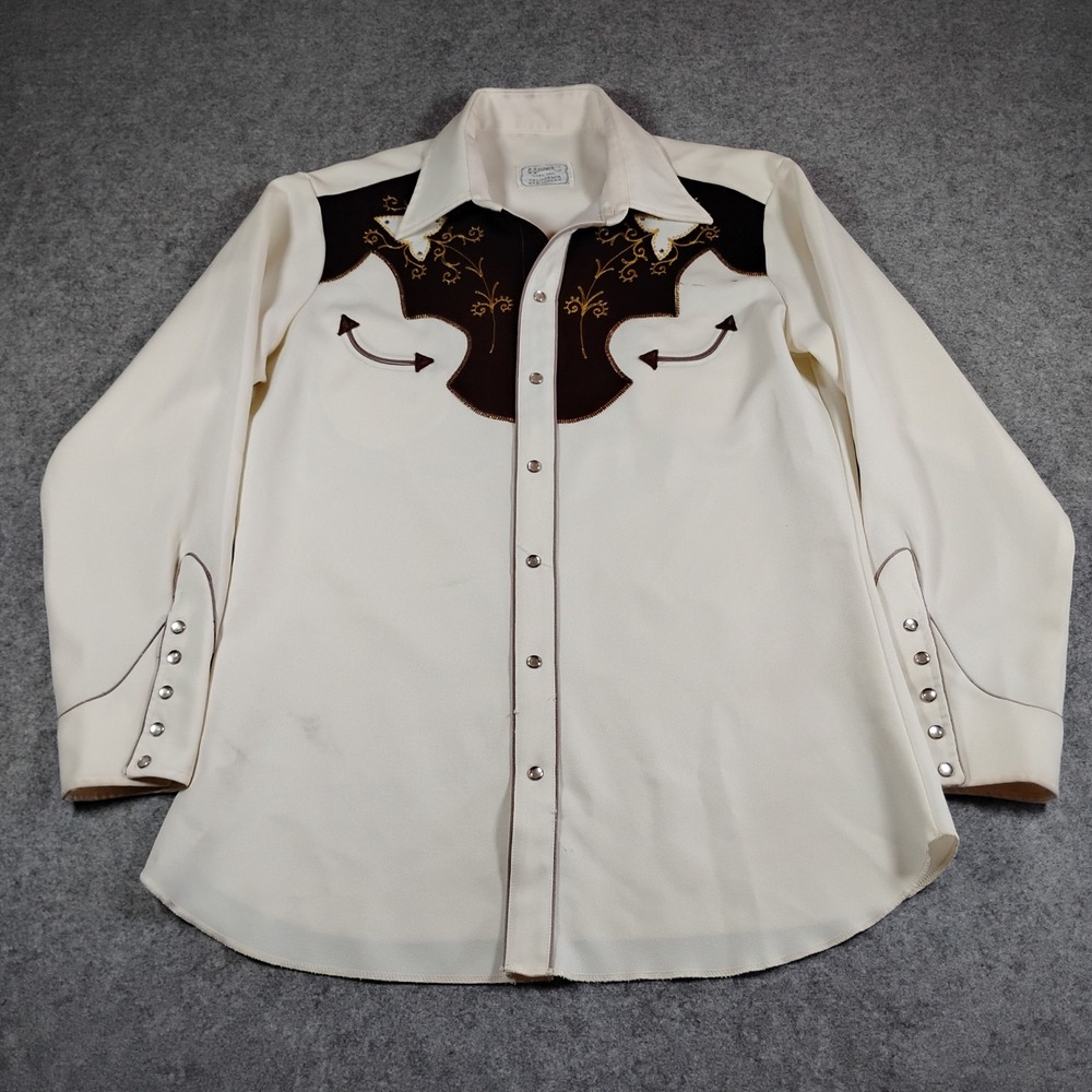 Vintage H Bar‎ C California Ranchwear Western Pearl Snap Shirt Embroidered Cream